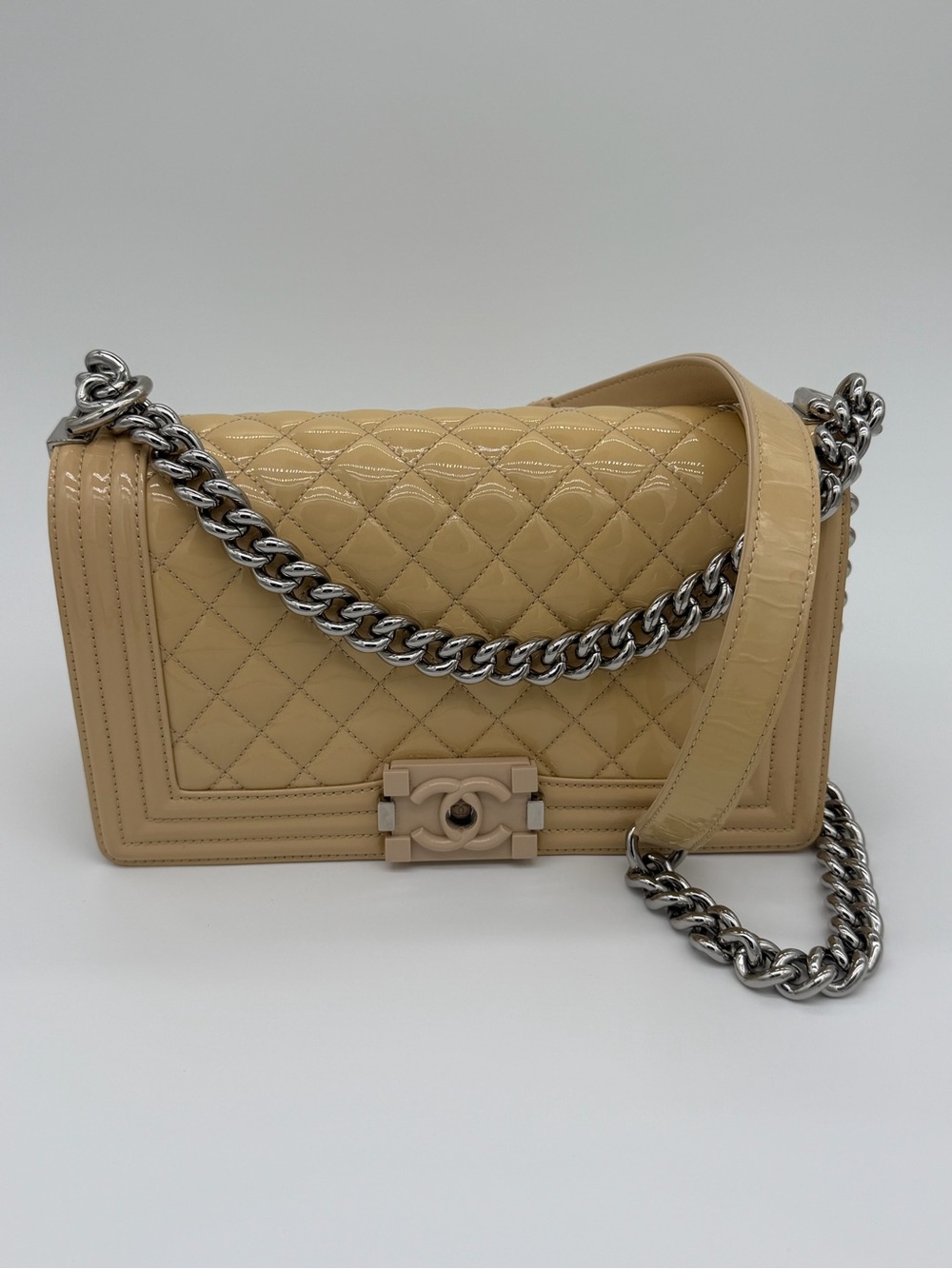 CHANEL Medium Boy Bag Beige Patent Quilted Shoulder Bag with Silver Chain